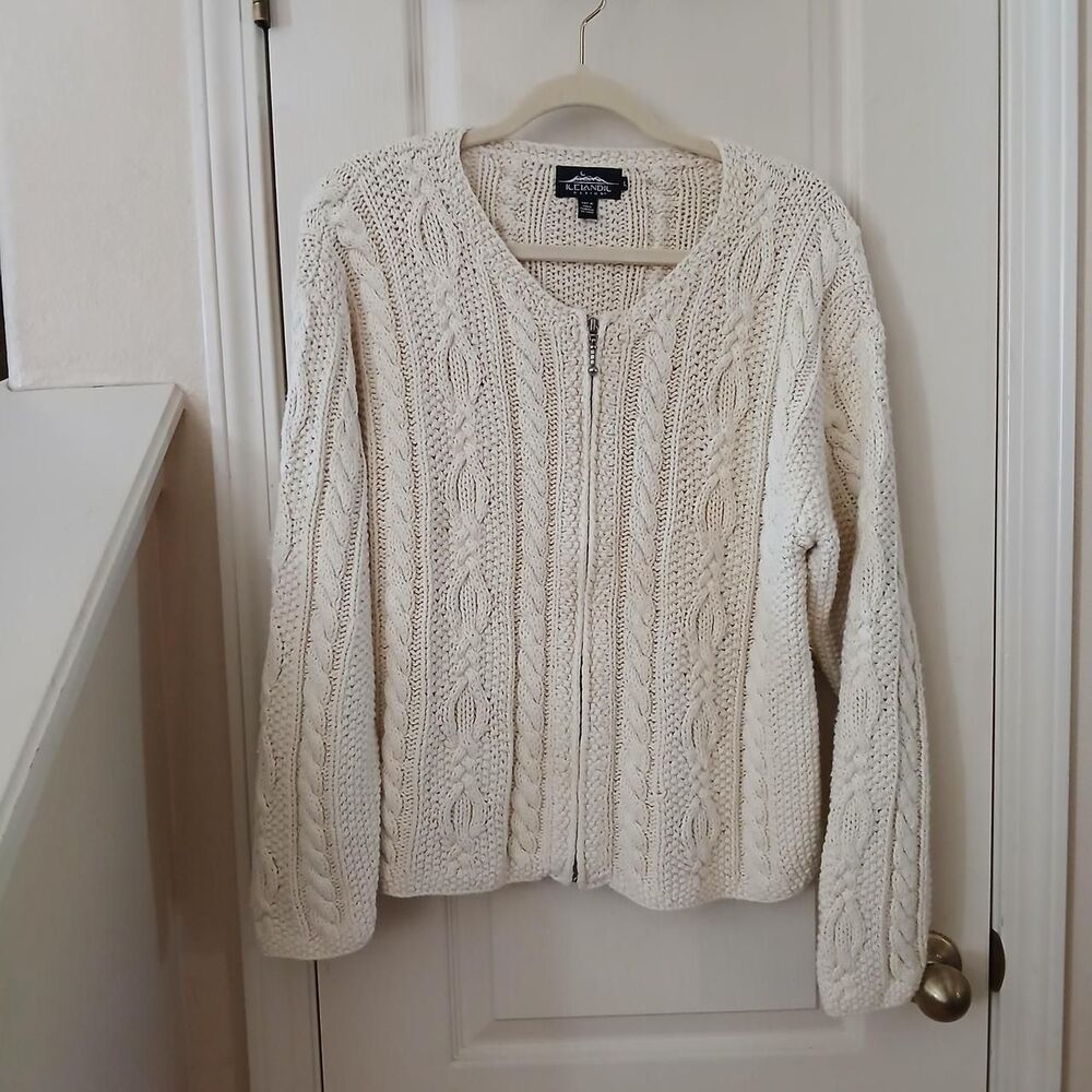 Y2K Vintage Icelandic Design Cream Cable Knit Zip-Up Cardigan Sweater L Cottage